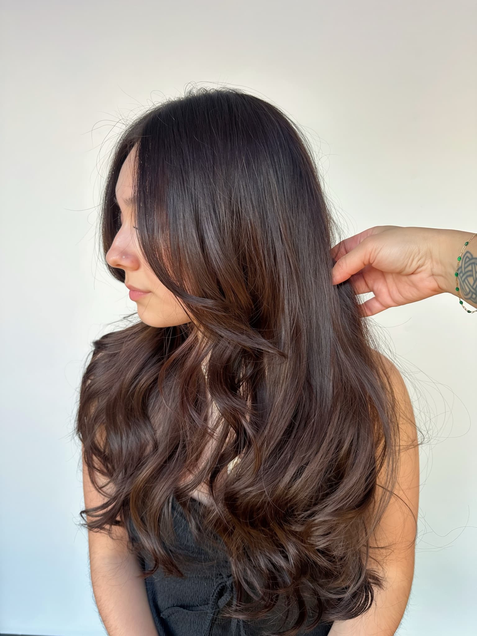 Long brunette layers in profile, hand lifting the lengths to show the shape